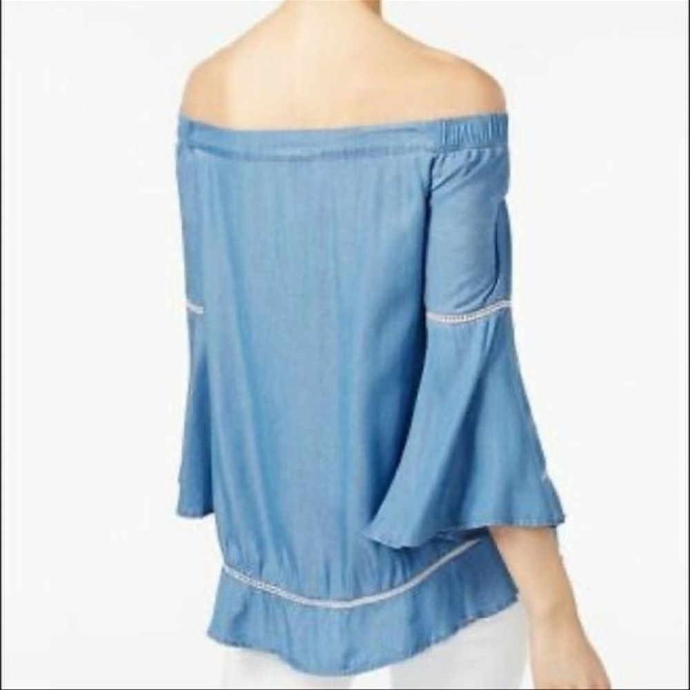 International Concepts Petite Off the Shoulder Denim Top Indigo PP NWT - Picture 2 of 9